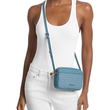 Michael Kors Women's Jet Set Travel Small Signature Logo Camera Crossbody Bag Denim/Silver