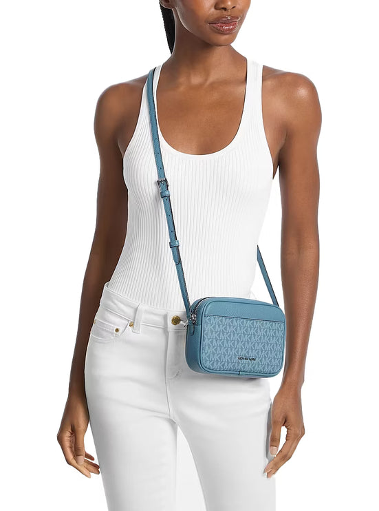Michael Kors Women's Jet Set Travel Small Signature Logo Camera Crossbody Bag Denim/Silver