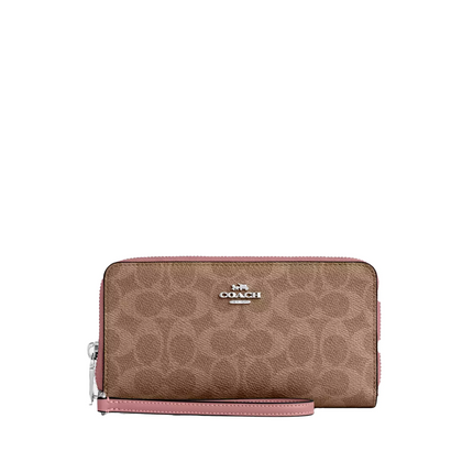 Coach Women's Long Zip Around Wallet With Detachable Card Case In Signature Canvas Silver/Tan/Dusty Pink