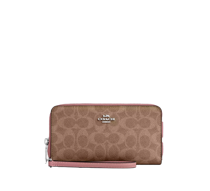 Coach Women's Long Zip Around Wallet With Detachable Card Case In Signature Canvas Silver/Tan/Dusty Pink