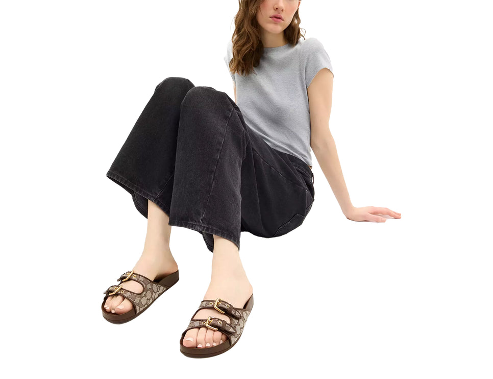 Coach Women's Two Band Buckle Sandal In Signature Jacquard Oak/Maple