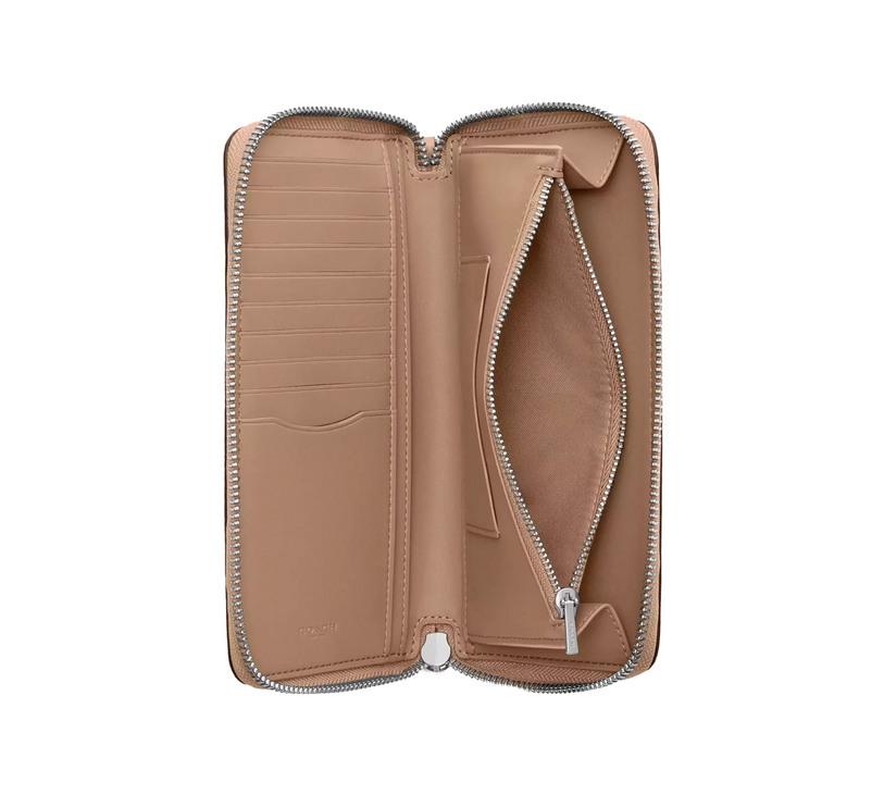 Coach Women's Long Zip Around Wallet With Detachable Card Case In Signature Canvas Silver/Sand/Taupe