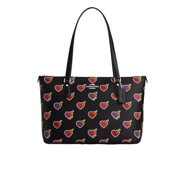 Coach Women's Gallery Tote Bag With Heart Bolt Print Silver/Black Multi