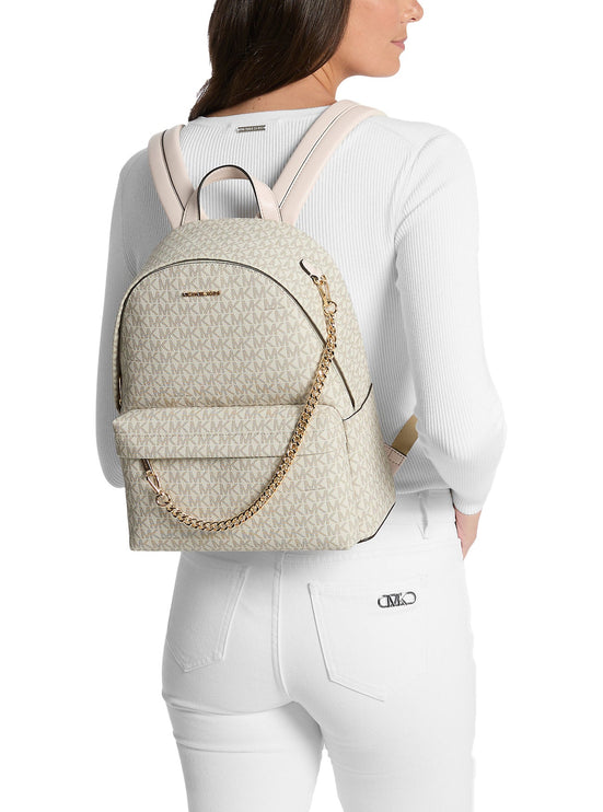 Michael Kors Women's Slater Medium Signature Logo Backpack Light Cream Multi/Gold