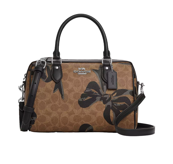 Coach Women's Rowan Satchel Bag In Signature Canvas With Bow Print Silver/Tan/Black Multi