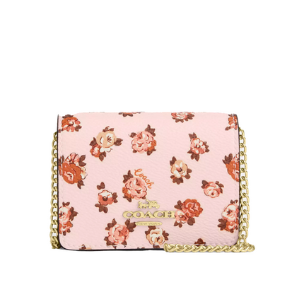 Coach Women's Mini Wallet On A Chain With Rosette Print Gold/Blush Multi