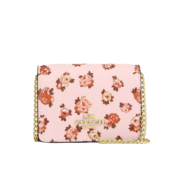 Coach Women's Mini Wallet On A Chain With Rosette Print Gold/Blush Multi