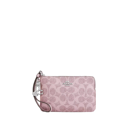 Coach Women's Boxed Corner Zip Wristlet In Signature Canvas With Charms Pink/Silver