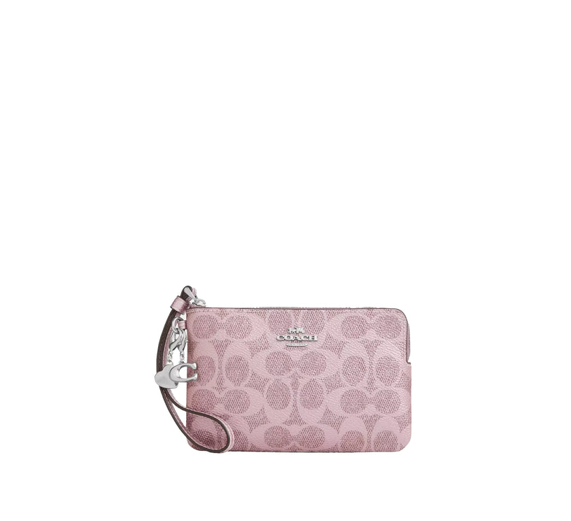 Coach Women's Boxed Corner Zip Wristlet In Signature Canvas With Charms Pink/Silver