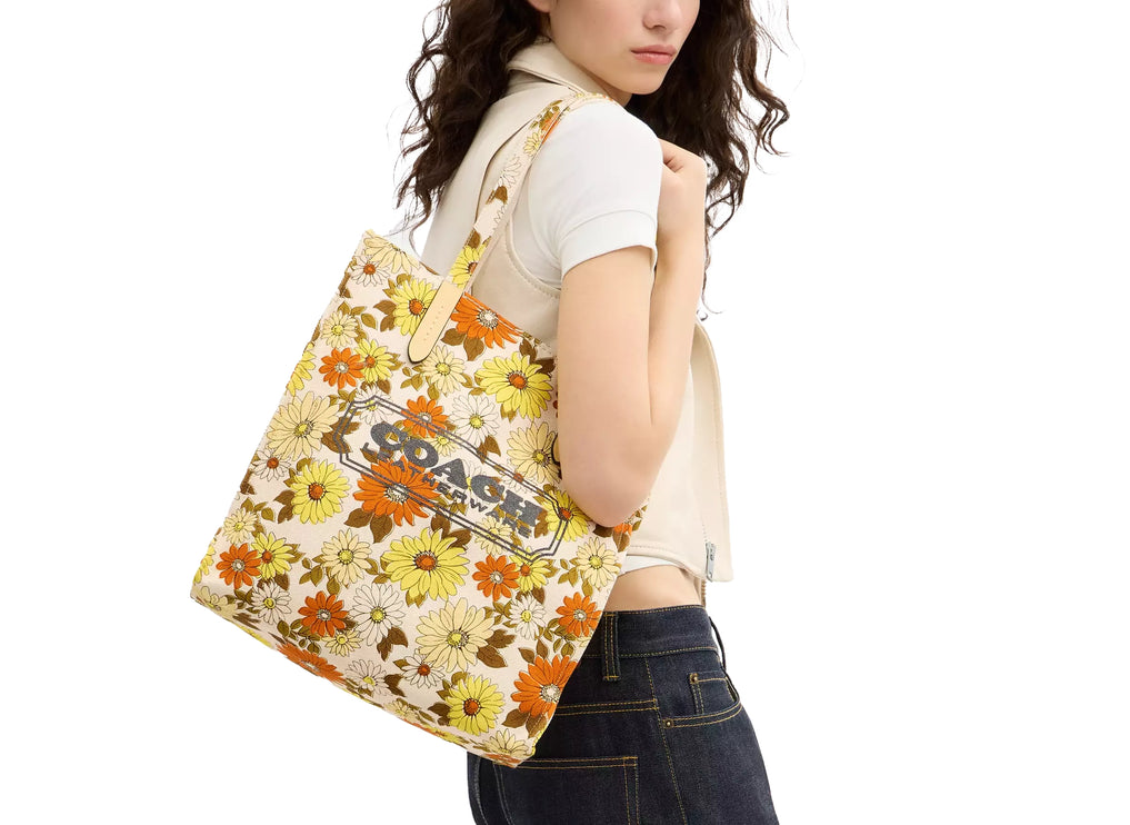 Coach Women's Canvas Tote Bag With Floral Print Gold/Vanilla Sunflower