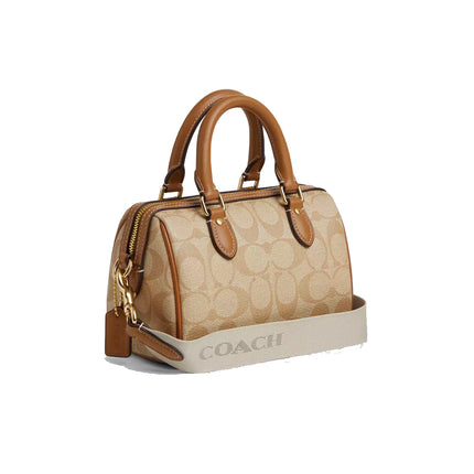 Coach Women's Mini Rowan Crossbody In Signature Canvas With Stripe Gold/Light Khaki/Chalk Lt Saddle - Hemen Kargoda