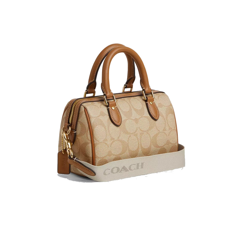 Coach Women's Mini Rowan Crossbody In Signature Canvas With Stripe Gold/Light Khaki/Chalk Lt Saddle - Hemen Kargoda