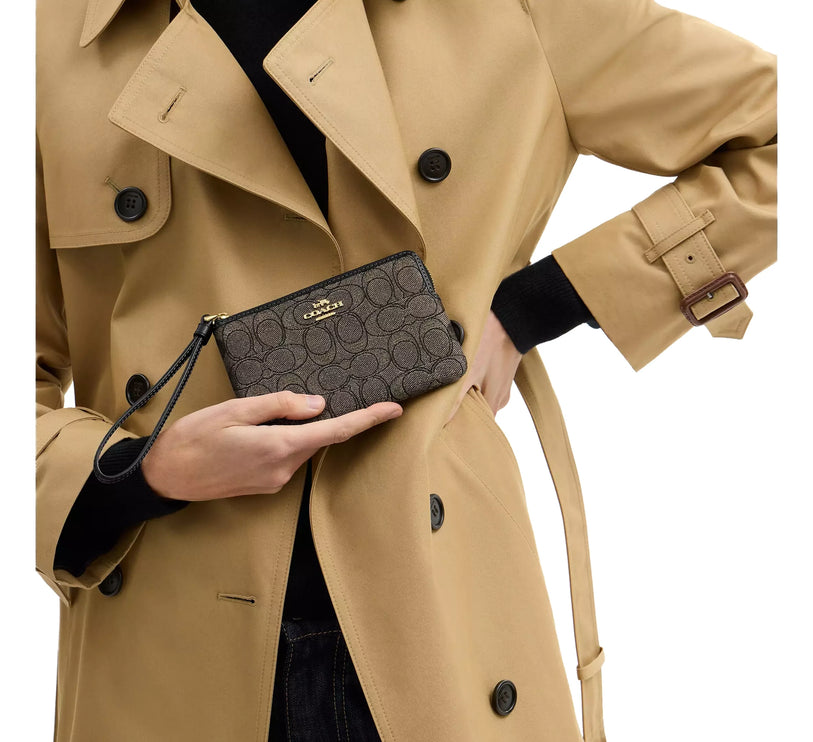 Coach Women's Corner Zip Wristlet In Signature Jacquard Charcoal/Gold