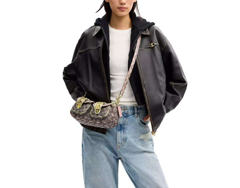 Coach Women's Ashton Shoulder Bag In Signature Jacquard Snake Embossed Leather/Gold/Oak Multi