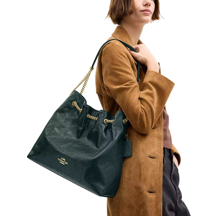 Coach Women's Evelyn Large Shoulder Bag With Quilting Gold/Dark Teal