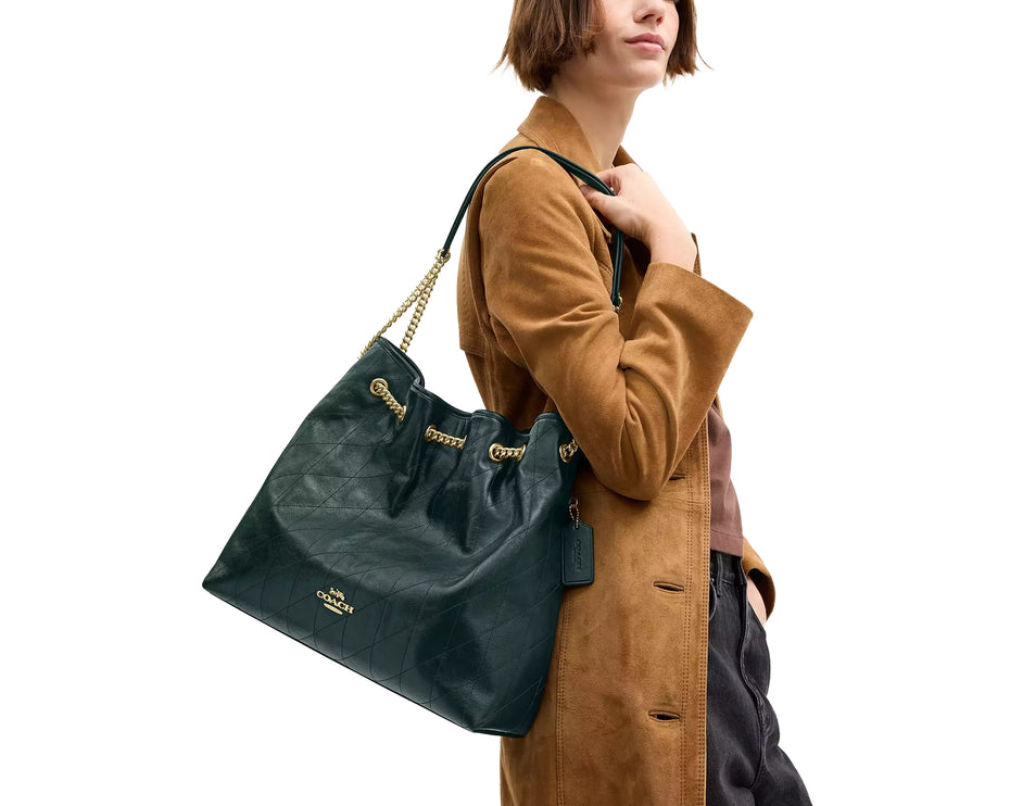 Coach Women's Evelyn Large Shoulder Bag With Quilting Gold/Dark Teal