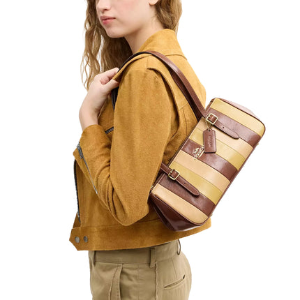 Coach Women's Asher Shoulder Bag With Striped Patchwork Gold/Redwood Multi