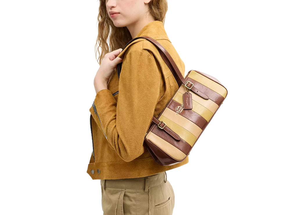Coach Women's Asher Shoulder Bag With Striped Patchwork Gold/Redwood Multi