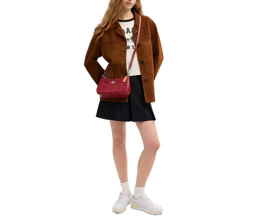 Coach Women's Teri Shoulder Bag In Signature Denim Silver/True Red