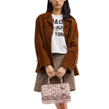 Coach Women's Rowan Satchel Bag Snake Embossed Leather Gold/Pink