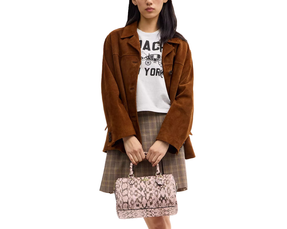 Coach Women's Rowan Satchel Bag Snake Embossed Leather Gold/Pink