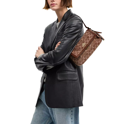 Coach Women's Etta Small Flap Shoulder Bag In Signature Chenille Gold/Light Khaki/Vintage Brown