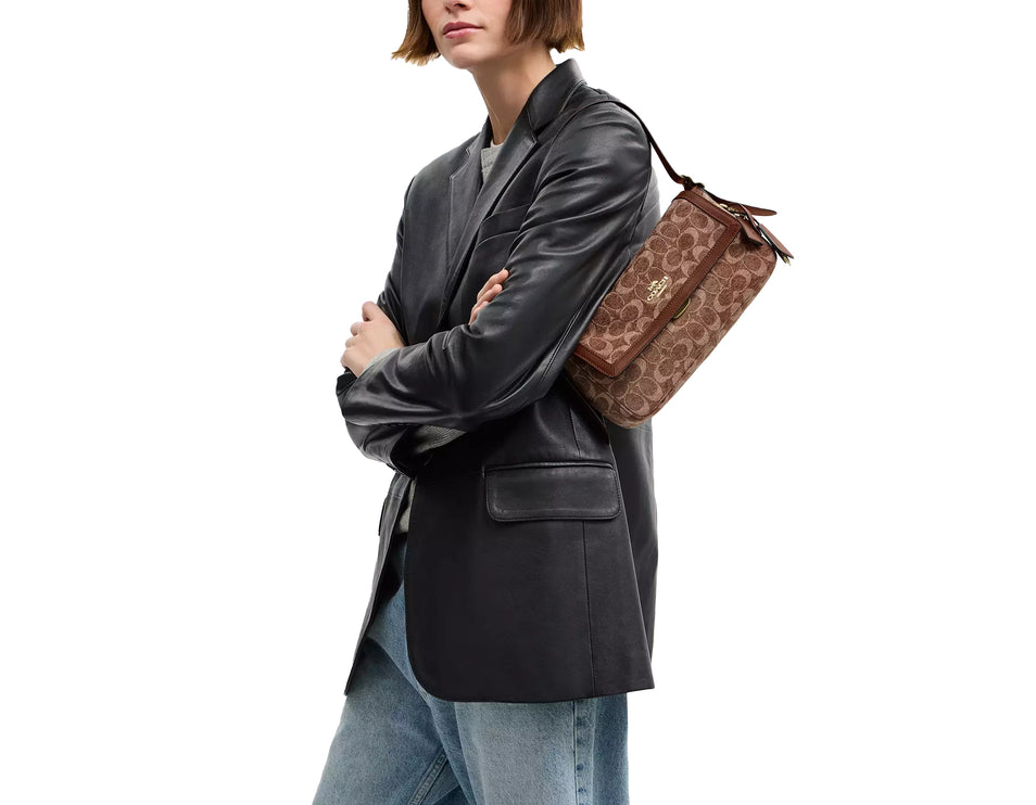 Coach Women's Etta Small Flap Shoulder Bag In Signature Chenille Gold/Light Khaki/Vintage Brown