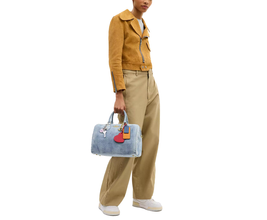 Coach Women's Rowan Large Satchel Bag In Loved Denim With Charms Gold/Light Indigo