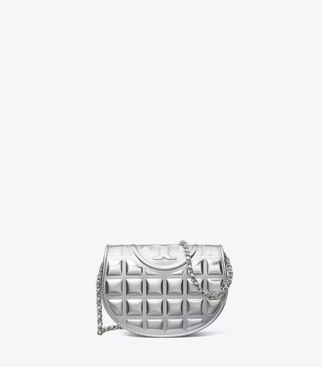Tory Burch Women's Mini Fleming Metallic Square Quilt Crossbody Silver