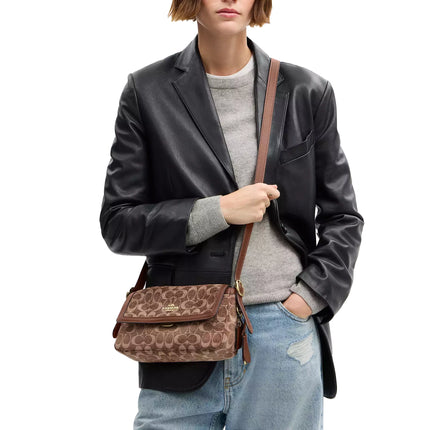 Coach Women's Etta Small Flap Shoulder Bag In Signature Chenille Gold/Light Khaki/Vintage Brown
