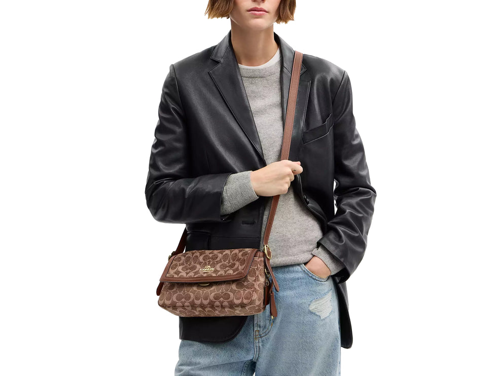 Coach Women's Etta Small Flap Shoulder Bag In Signature Chenille Gold/Light Khaki/Vintage Brown