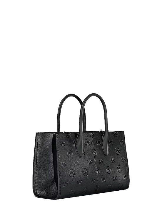 Michael Kors Women's Mirella Medium Logo Debossed Satchel Bag Black/Silver