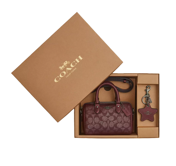 Coach Women's Boxed Mini Rowan Crossbody Bag And Mirror Bag Charm Set In Signature Canvas Gunmetal/Wine Multi