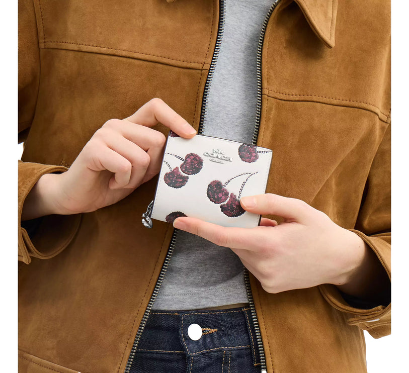 Coach Women's Snap Wallet With Cherry Print Silver/Chalk Multi