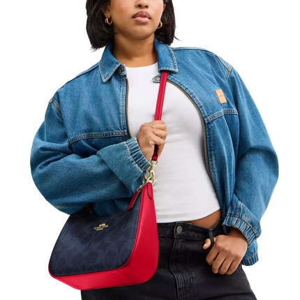 Coach Women's Teri Hobo Bag In Signature Canvas Gold/Denim/Bold Red