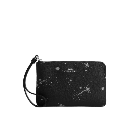 Coach Women's Corner Zip Wristlet With Star Print Silver/Black Multi