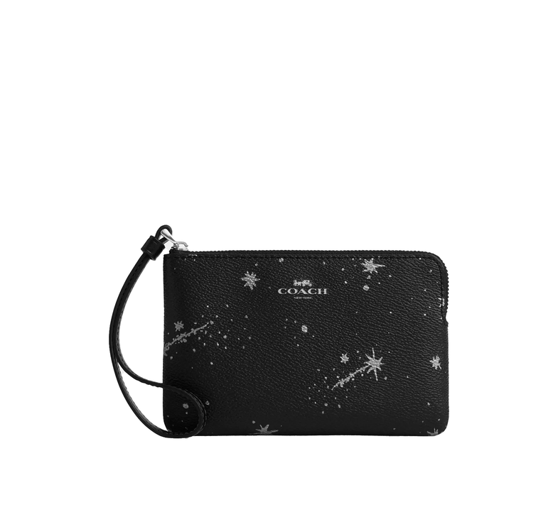 Coach Women's Corner Zip Wristlet With Star Print Silver/Black Multi