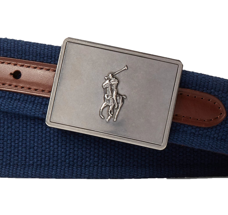 Polo Ralph Lauren Men's Pony Plaque Canvas & Leather Belt Newport Navy/Brown