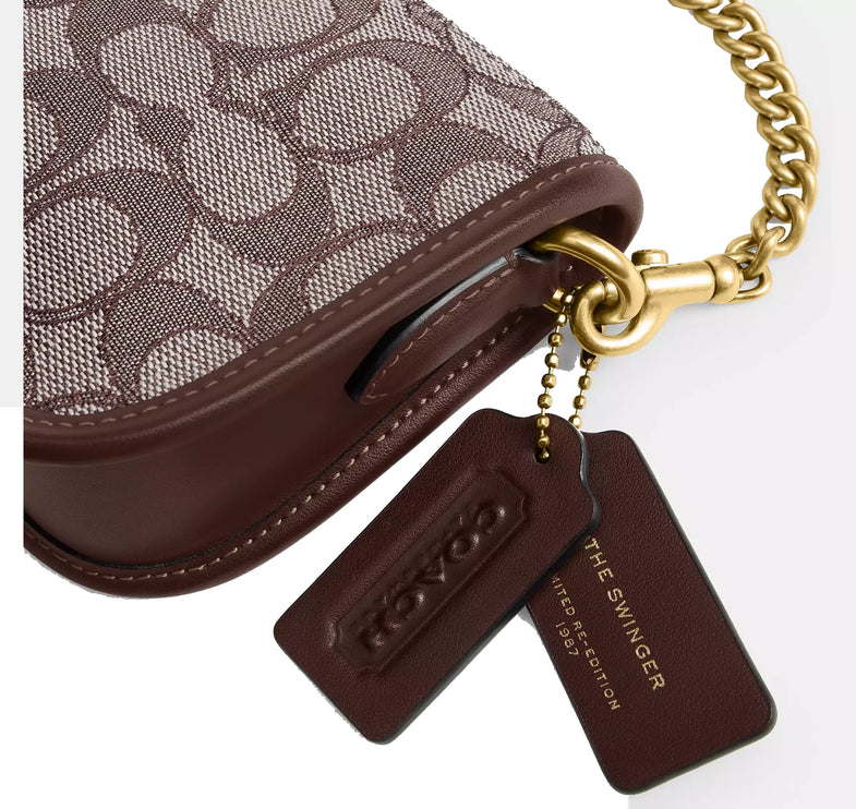 Coach Women's Swinger Bag 20 With Chain In Signature Jacquard Brass/Oak Maple