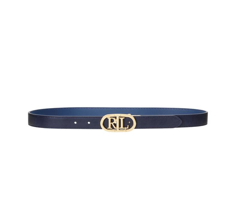 Polo Ralph Lauren Women's Oval-Logo Reversible Leather Skinny Belt Pale Azure/Refined Navy/Gold