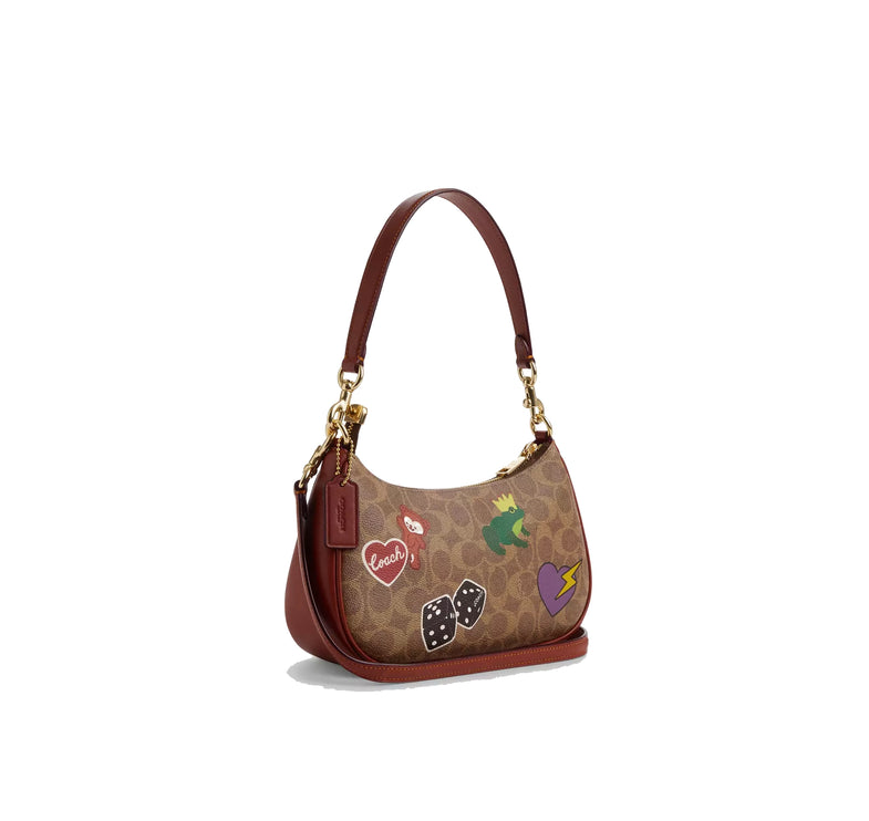 Coach Women's Teri Shoulder Bag In Signature Canvas With Sticker Print Gold/Tan Multi