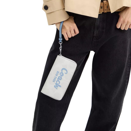 Coach Women's Long Zip Around Wallet In Signature Canvas With Coach Graphic Silver/Chalk/Bluebell