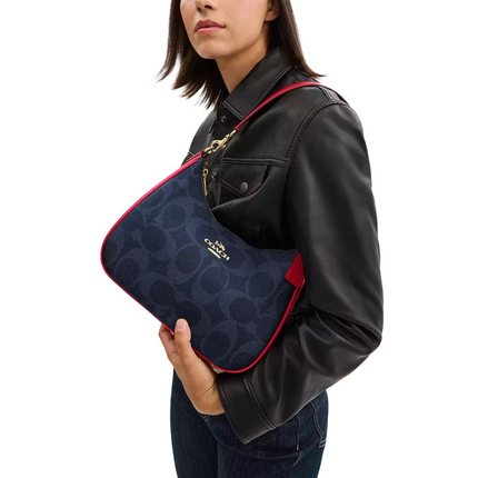 Coach Women's Teri Hobo Bag In Signature Canvas Gold/Denim/Bold Red