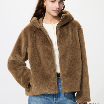 Uniqlo Women's Uniqlo Women's Faux Fur Hooded Jacket 37 Brown