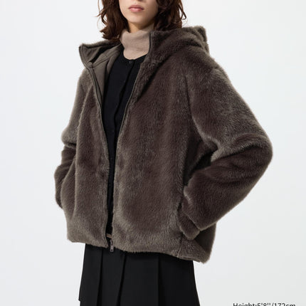 Uniqlo Women's Uniqlo Women's Faux Fur Hooded Jacket 39 Dark Brown