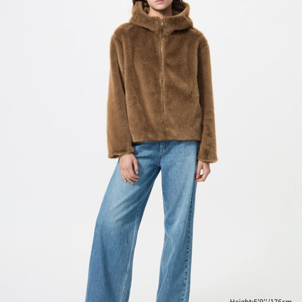 Uniqlo Women's Uniqlo Women's Faux Fur Hooded Jacket 39 Dark Brown