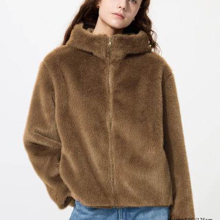 Uniqlo Women's Uniqlo Women's Faux Fur Hooded Jacket 37 Brown