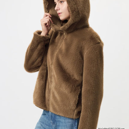 Uniqlo Women's Uniqlo Women's Faux Fur Hooded Jacket 39 Dark Brown