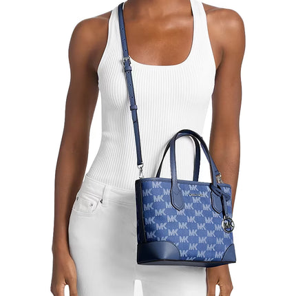 Michael Kors Women's Eva Extra-Small Logo Jacquard Denim Convertible Tote Bag Denim/Silver
