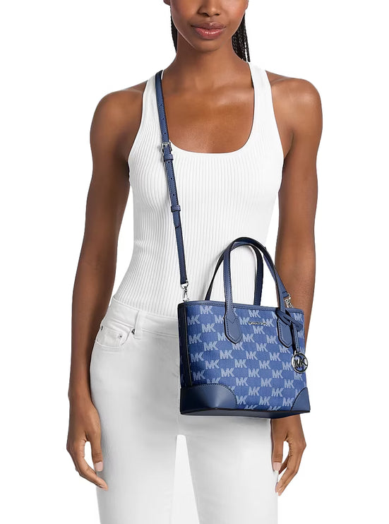 Michael Kors Women's Eva Extra-Small Logo Jacquard Denim Convertible Tote Bag Denim/Silver